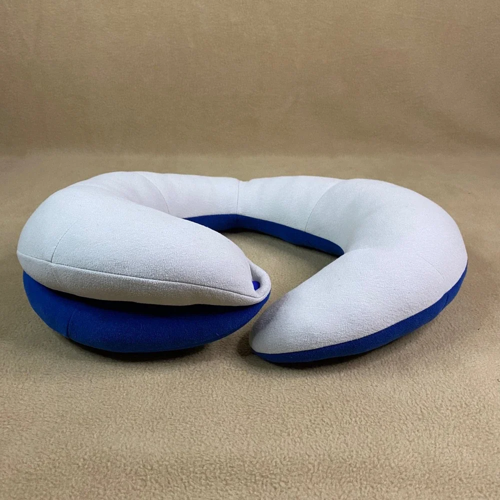 Travel Neck Pillow Memory Foam Neck Support Cushion Blue/White Soft Airplane EUC